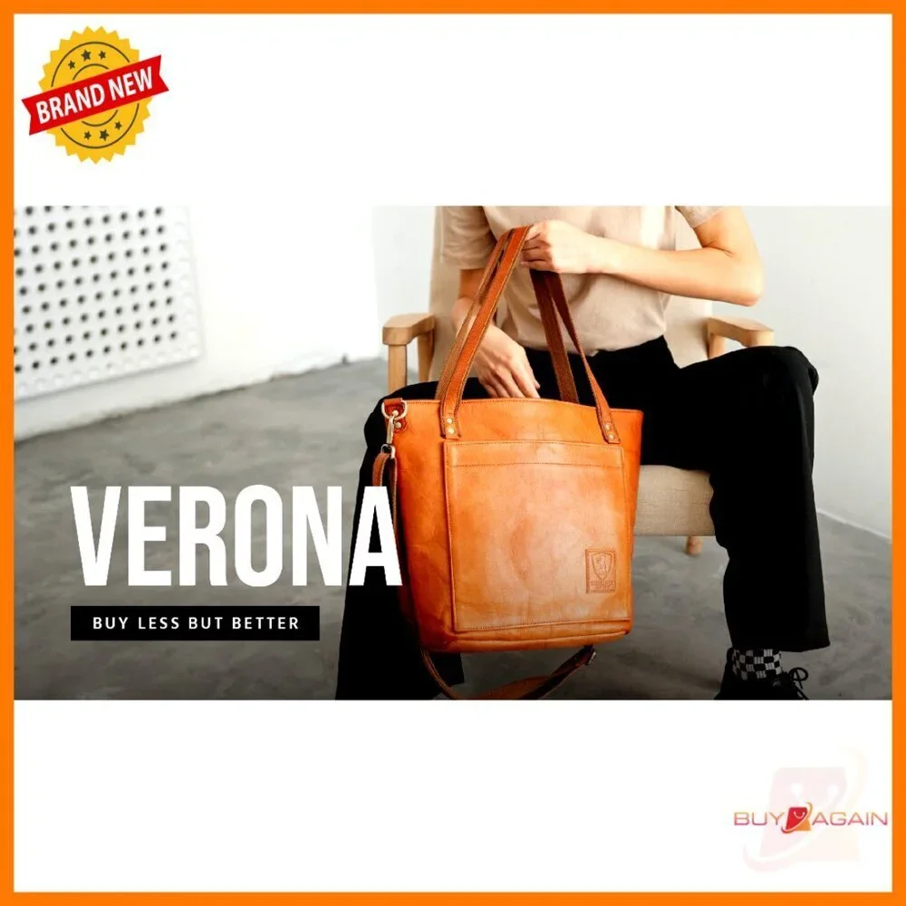 Large Genuine Leather Tote Bag with Adjustable Strap, Detachable Pouch